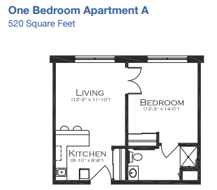 Riverfront on Main One Bedroom Apartment A Floor Plan | Pelican Valley Senior Living